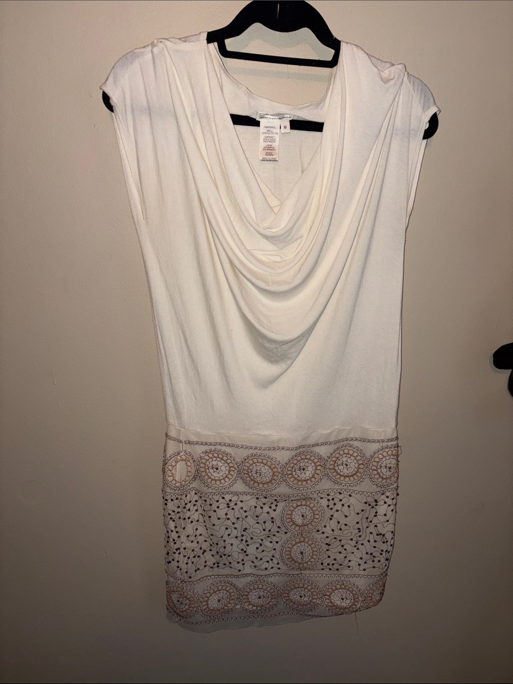 Off White Draped Neck Dress with Embroidered Hem